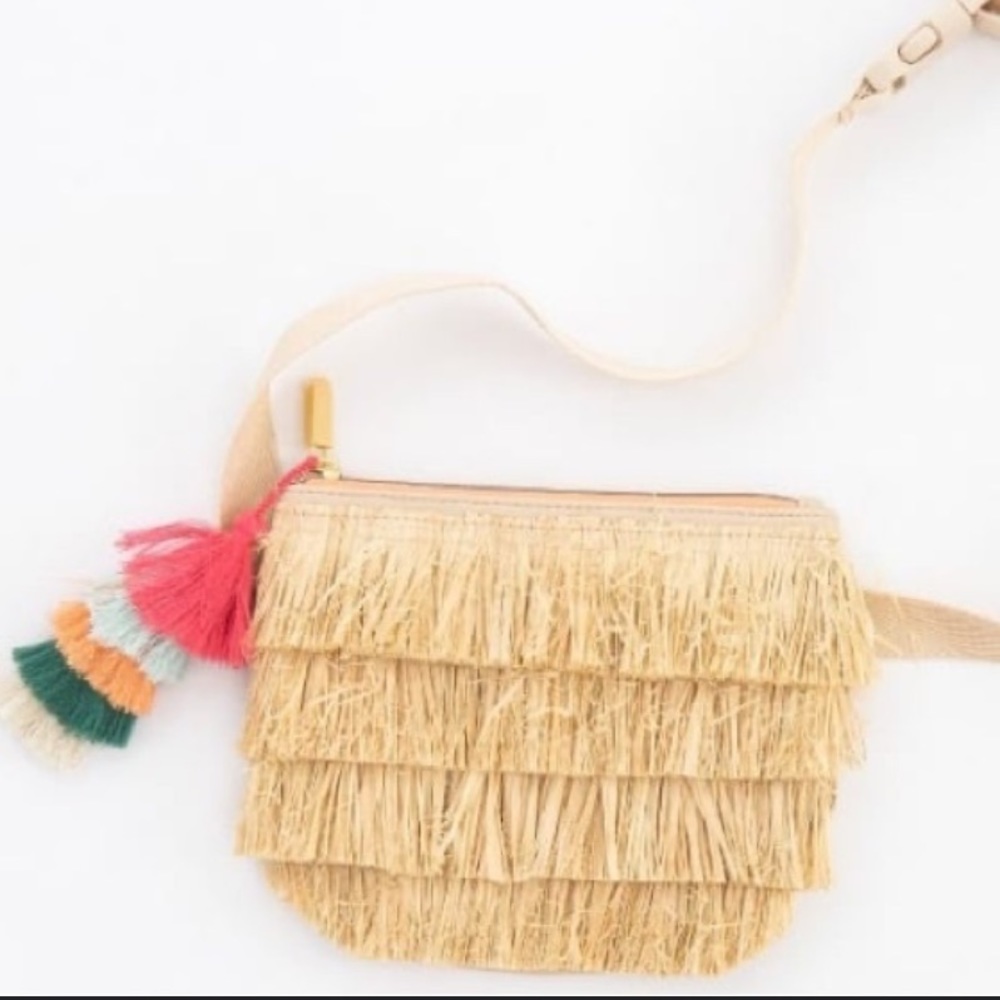 Jungalow Raffia straw fringe beachy Fanny pack